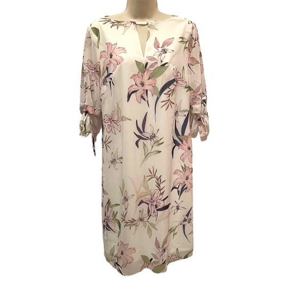 Truth & Fable White Floral Print Shift Dress with Sheer Tie Sleeves Size Small - Picture 1 of 9